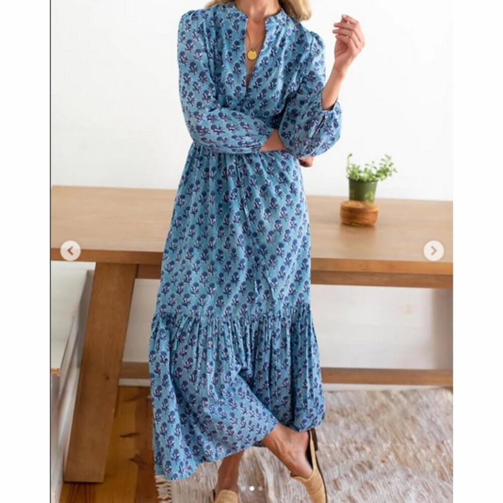 Emerson Fry Blue Frances Dress India Cotton Block Print Tier Ruffle Femme Maxi